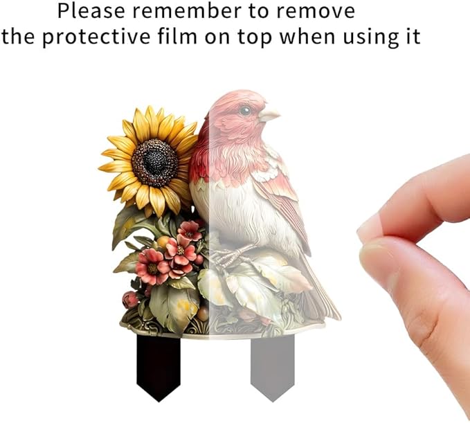 Garden Stake Decor, Acrylic 2D Flat Cute Animal Statue, Fairy Sculptures Ornament Indoor Outdoor Yard Lawn Pot Plant Decorative Accessories (Sunflower&Bird)