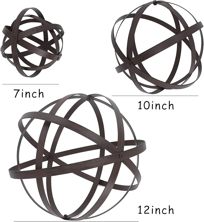 3 PCS Garden Spheres Balls Assorted Size Distressed Metal Band Decorative Sphere Folding Orbs Sculpture for Outdoor Indoor Decorations 7" 10" 12" Diameter (Rusty)