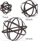 3 PCS Garden Spheres Balls Assorted Size Distressed Metal Band Decorative Sphere Folding Orbs Sculpture for Outdoor Indoor Decorations 7" 10" 12" Diameter (Rusty)