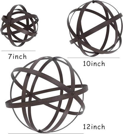 3 PCS Garden Spheres Balls Assorted Size Distressed Metal Band Decorative Sphere Folding Orbs Sculpture for Outdoor Indoor Decorations 7" 10" 12" Diameter (Rusty)