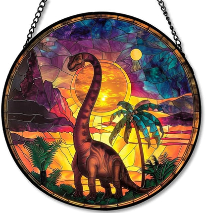 Stained Glass Window Hanging - Brachiosaurus with Sunset Palms Sun Catchers Indoor Stained Glass Panels Wall Decor for Mom Wife Lovers Festive