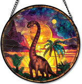 Stained Glass Window Hanging - Brachiosaurus with Sunset Palms Sun Catchers Indoor Stained Glass Panels Wall Decor for Mom Wife Lovers Festive