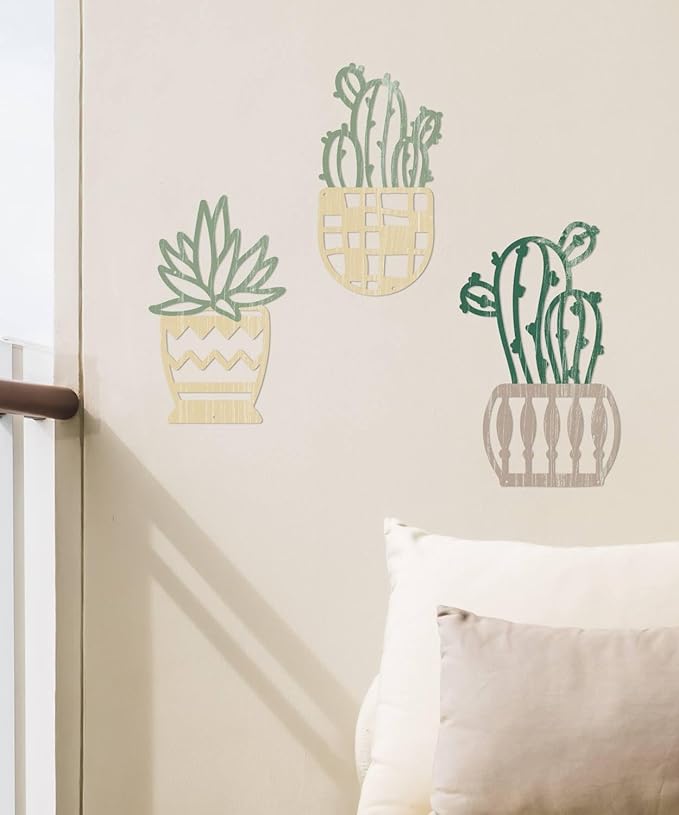 Putuo Decor 3Pcs Western Style Cactus Wall Art, Modern Desert Wall Decor, Rustic Metal Cactus Wall Art for Home, Living Room, Bathroom, Bedroom (Green & Beige)