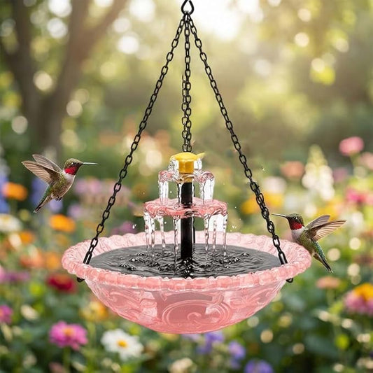 Solar Fountain for Bird Bath, Hanging Solar Cascade Bird Bath Fountain with Multi-Tier Waterfall, Solar Powered Outdoor Hanging Birdbath for Garden, Patio, Yard and Backyard Decor (Pink)
