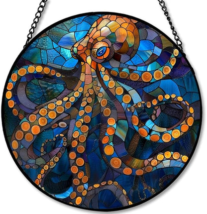Stained Glass Window Hanging Octopus Theme 11.8in Sun Catchers Panel for Indoor Decorative Display for Mom Wife Lovers Festive