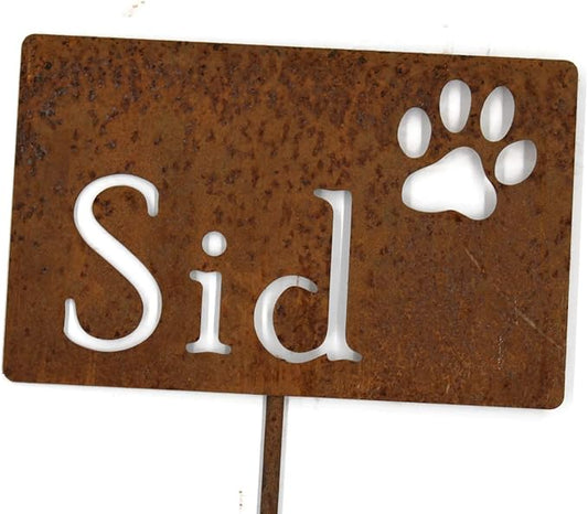 Classic Metal Garden Markers Clearance Items 20 to 33 Inches Tall (Sid with paw print 21", Naturally Rusted)