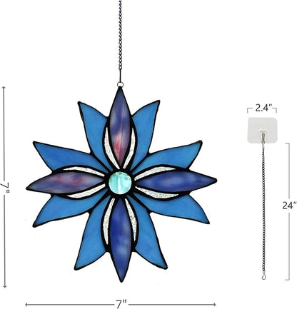 Stained Glass Window Panels,Flower Handmade Art Crafts Suncatcher for Window or Wall (Indigo starflower)