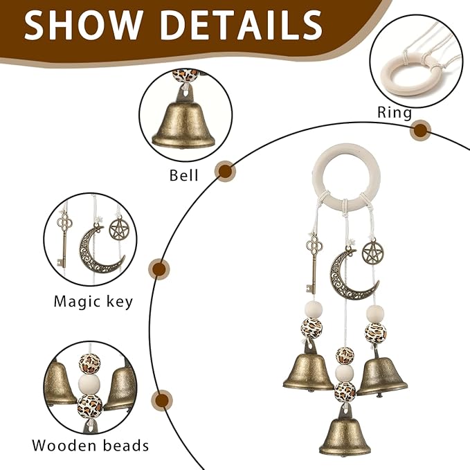 Witch Bells for Door Knob, Boho Hanger Wind Chimes Protection, Witchy Things Bell Strings with 3 Bells, Witchcraft Supplies Door Bell, Vintage Witch Decor for Home Room (Bronze-Colored)