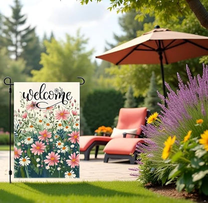 Welcome Spring Summer Daisy Garden Flag 12x18 Double Sided, Small Burlap Floral Garden Flags Summer Outdoor Decorations Yard Lawn Porch Flags for Outside Decor