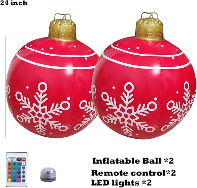 24 inch Inflatable Christmas Balls Ornaments, Christmas Decoration LED Lights with PVC, Giant Xmas Party Supplies, Garden Glow Up Balls with Remotes, Hanging Disco Balls with Snowflake 2PK