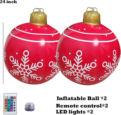 24 inch Inflatable Christmas Balls Ornaments, Christmas Decoration LED Lights with PVC, Giant Xmas Party Supplies, Garden Glow Up Balls with Remotes, Hanging Disco Balls with Snowflake 2PK