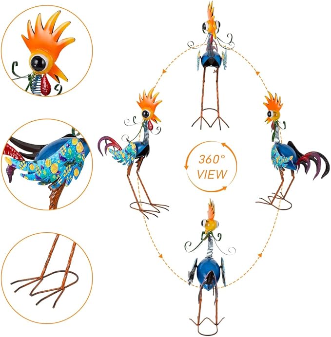 Metal Wacky Rooster Garden Statues Outdoor Decor, 23'' Rooster Decor Chicken Yard Sculptures Art Decoration for Home Outsiede Patio Lawn Backyard, Gift for Women Lovers Moms(Blue)