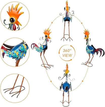 Metal Wacky Rooster Garden Statues Outdoor Decor, 23'' Rooster Decor Chicken Yard Sculptures Art Decoration for Home Outsiede Patio Lawn Backyard, Gift for Women Lovers Moms(Blue)
