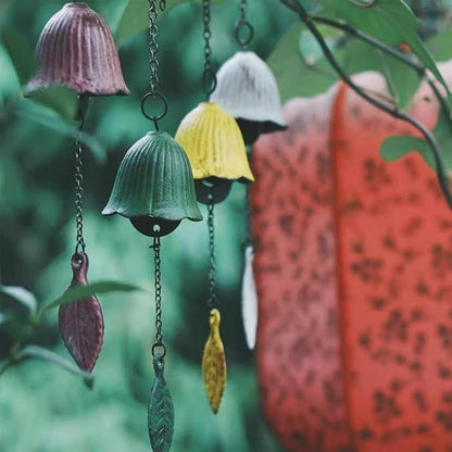 Japanese Traditional Lucky Small Wind Chimes for Outside, Green Leaf Iwachu Cast Iron Bless Temple Wind Bell Memorial and Sympathy Leaf Wind Chimes Indoor Garden Bell, Patio, Balcony