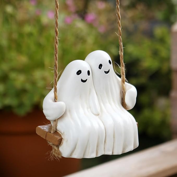 Swing Ghost Couple Garden Statue Outdoor Halloween Decor, 3.1 Inch Cute Ghost Figurine Resin Sculpture Funny Tree Hanging Ornaments for Patio Lawn Yard