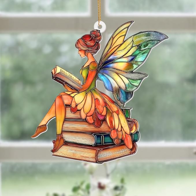 Reading Fairy Book Ornament – Stained Glass Style Acrylic Christmas Ornament, Book Lover Gift for Women, Teacher & Librarian Book Club Decorations, Fantasy Ornament Holiday Décor(Sun-15)