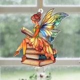 Reading Fairy Book Ornament – Stained Glass Style Acrylic Christmas Ornament, Book Lover Gift for Women, Teacher & Librarian Book Club Decorations, Fantasy Ornament Holiday Décor(Sun-15)
