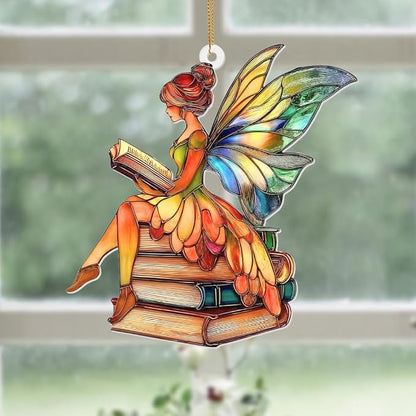 Reading Fairy Book Ornament – Stained Glass Style Acrylic Christmas Ornament, Book Lover Gift for Women, Teacher & Librarian Book Club Decorations, Fantasy Ornament Holiday Décor(Sun-15)