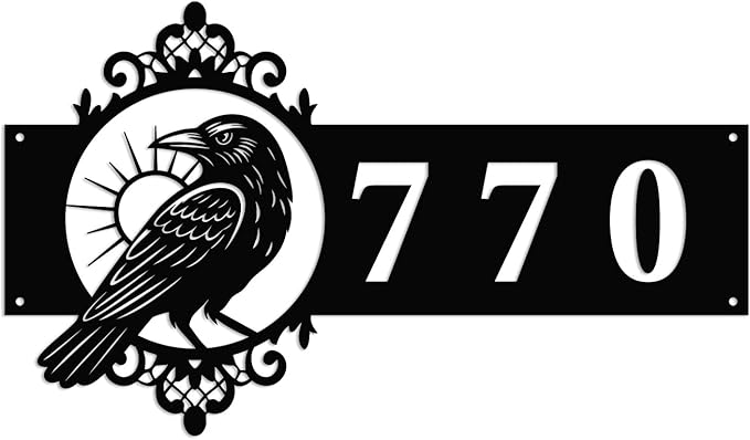 Personalized Gothic House Number metal Signs,Custom Address Number Metal Wall Art Decor,Black Plaques Outdoor wall Decorative Signage,Shed(8-30 Inches) (Crow B)
