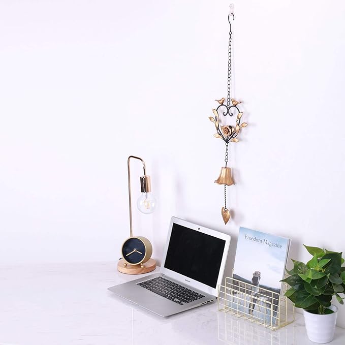 Yamfurvo Antique Metal Bird Wind Chime, Portable Floral Heart Shaped Wind Bell with Hook and Wave, Decorative Chime with Musical Sound for Garden, Patio, Balcony, Gold