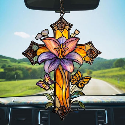 Magnolia Cross Acrylic Suncatcher Stained Glass Effect Window Car Hanging Christmas Ornament Indoor Outdoor Decor Garden Memorial Sun Catcher for Family Christmas Jesus Gift for Women Mom Grandma