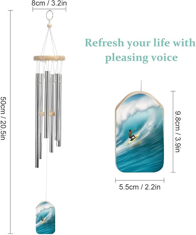 Wind Chimes for Outside,Surfing Printed Cute Aluminium Windchimes Outdoors,Soothing Melodic Memorial Wind Chime for House Porch Patio Garden Balcony Decor