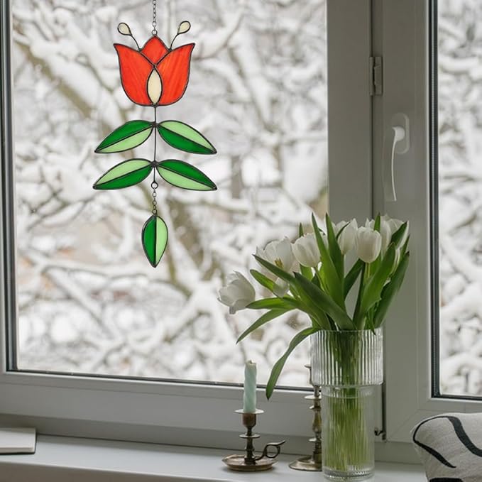 Tulip Acrylic Suncatcher Vintage Flower Window Hanging Decor Colorful Sun Catcher Modern Folk Art Home Decoration for Windows Patio Indoor Spaces Hanging Ornament 9.8" x 4.7"