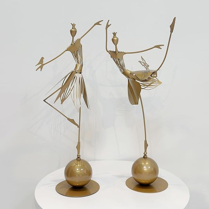 Garden Metal Statue Outdoor Dancing Girl Bird Art Farmhouse Footpath Yard Ornament Sculpture Vintage Style (B, One Size)