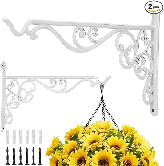 Landhoow 2 Pcs 15.6" Large Cast Iron Hanging Outdoor Wall Hanger White Heavy Duty Basket Hook Braces Vintage Decorative Shelf Garden Planter Flower Hook for Pot Lantern Wind Chime Hummingbird Feeder