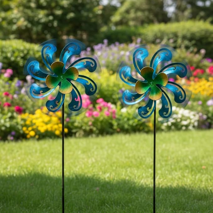 2 Packs Outdoor Metal Wind Spinner, Blue Wind Sculptures Windmill with Stake,Kinetic Yard Art Decor Pinwheels for Garden Outside Patio Lawn