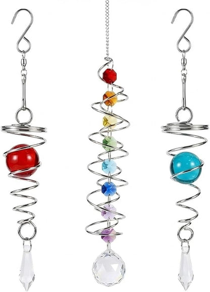 3pc Gazing Ball Spiral Tail Wind Spinner with Crystal Suncatcher Prism Rainbow Maker Hanging Ornament for Window Garden Yard Decorative Indoor Outdoor Home Decor Car Mirror Accessory