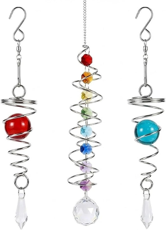 3pc Gazing Ball Spiral Tail Wind Spinner with Crystal Suncatcher Prism Rainbow Maker Hanging Ornament for Window Garden Yard Decorative Indoor Outdoor Home Decor Car Mirror Accessory
