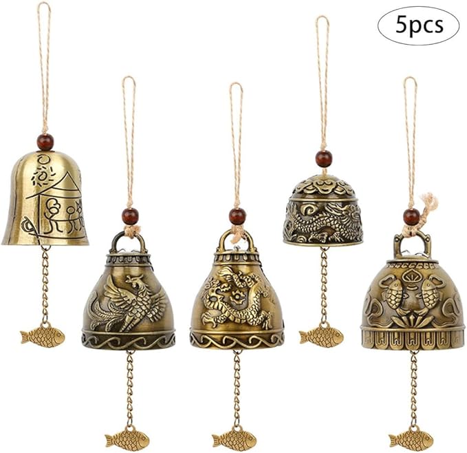 Feng Shui Wind Bell Vintage Metal Blessing Wind Chimes Hanging Decoration for Garden 5PCS