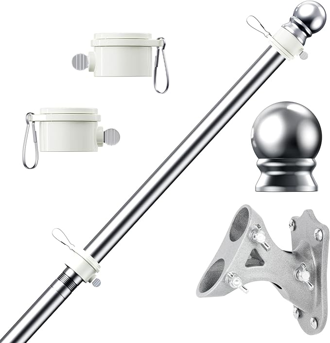 PHITRIC Flag Pole Kit, Tangle Free Spinning Stainless Steel Rustproof Flagpole for 3x5 Sports Fan Outdoor Flags for Outside House (Silver, 5FT, with Bracket)