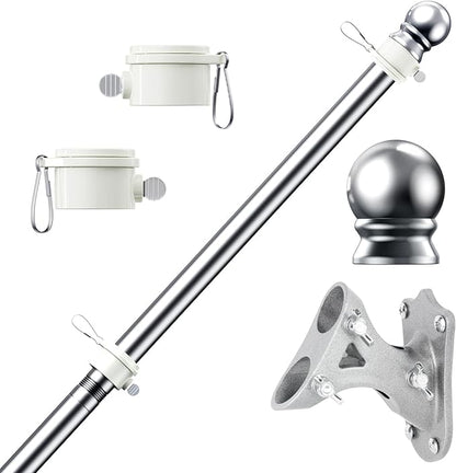 PHITRIC Flag Pole Kit, Tangle Free Spinning Stainless Steel Rustproof Flagpole for 3x5 Sports Fan Outdoor Flags for Outside House (Silver, 5FT, with Bracket)