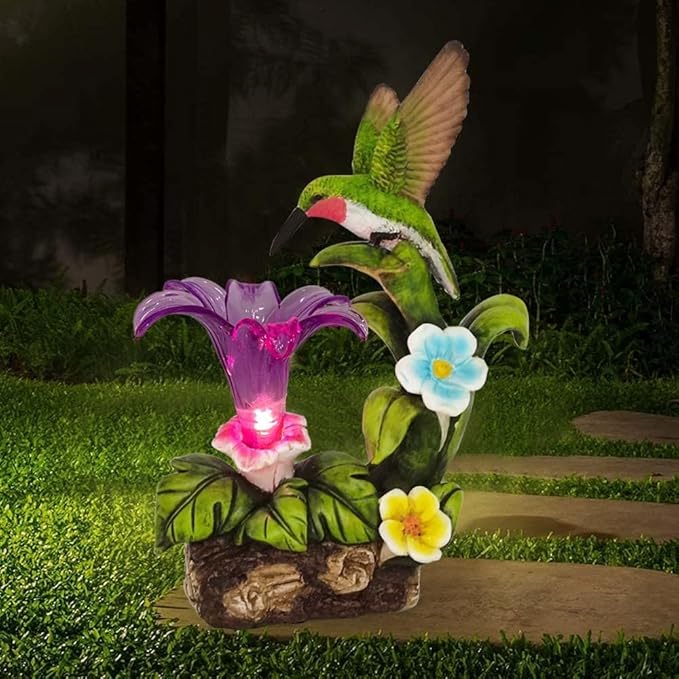 Eletina Resin Hummingbird Solar Light with Flower Garden Decorations,Waterproof Statues and Figurines Light Garden Art for Patio Lawn Yard Decorations (Resin Hummingbird Solar1)