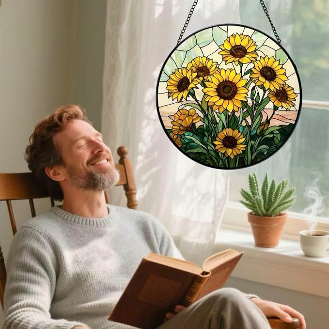Stained Glass Window Hanging - Sunflowers Pattern 7.8 Inches Suncatcher for Garden Home Decor for Women Mon Grandma Friends