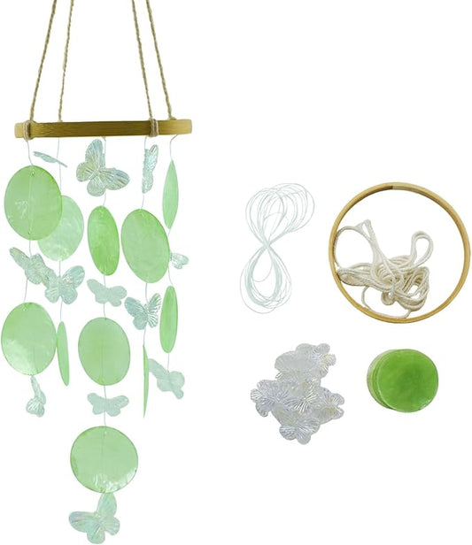 Wind Chimes Making Supplies Kits for Adults Arts and Crafts-DIY Wind Chime Parts with Round Capiz Shells Butterfly Twine String Bamboo Hoops Fishing Line for Birthday (Green)