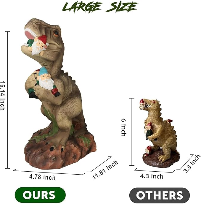 PARTYGEARS Dinosaur Statue with Gnomes, 16“ Large Outdoor Garden Statues Yard Decor, Funny Dinosaur Holding Gnomes Figurines for Patio Lawn, Weatherproof Gnome Decorations for Home, Unique