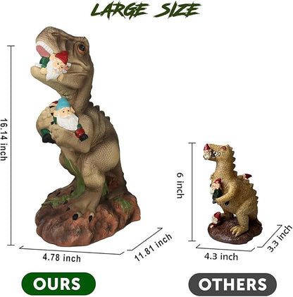 PARTYGEARS Dinosaur Statue with Gnomes, 16“ Large Outdoor Garden Statues Yard Decor, Funny Dinosaur Holding Gnomes Figurines for Patio Lawn, Weatherproof Gnome Decorations for Home, Unique