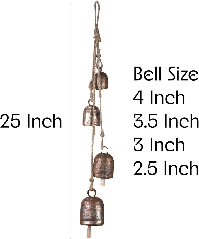 Metal Hanging Wind Chimes & Decorative Bells for Outside – Rustic Gold Bronze Finish Tibetan Bells & Jingle Bells for Door Knob, Hanging Bells for Door, Yard Decorations Outdoor & Christmas Bells 25"