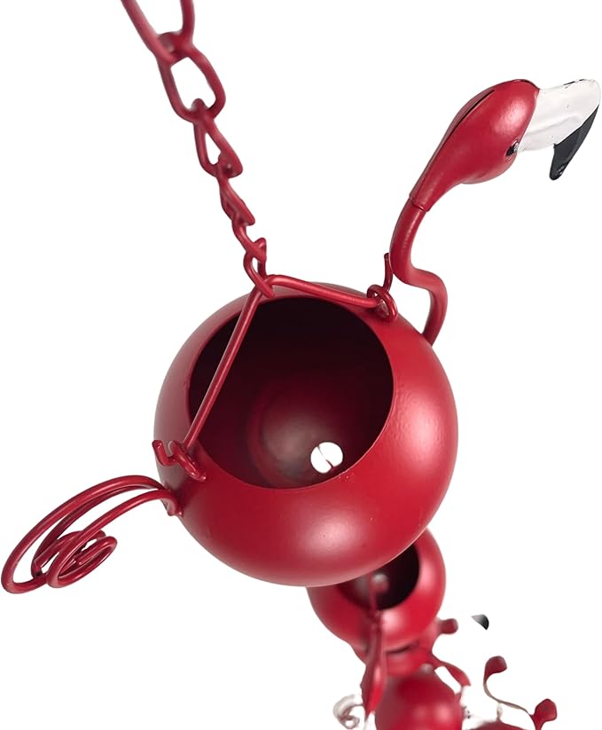 90-Inch Metal Rain Chain with 8 Portly Flamingos, 7 Inches Long Each, Muted Red Finish, Decorative Downspout Alternative for Rainwater Collection, Outdoor Garden Décor