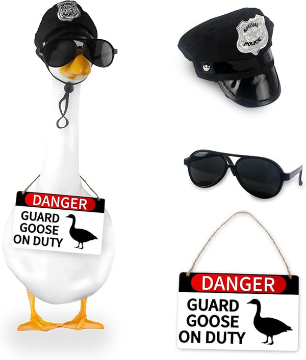 CAMDUCK 3 Pcs Porch Goose Accessories Porch Goose Sign Goose Police Hat Eyeglasses Wooden Gooses Warning Sign Danger Guard Geese on Duty Warning Sign Geese Outfits Decor for Yard Porch Lawn