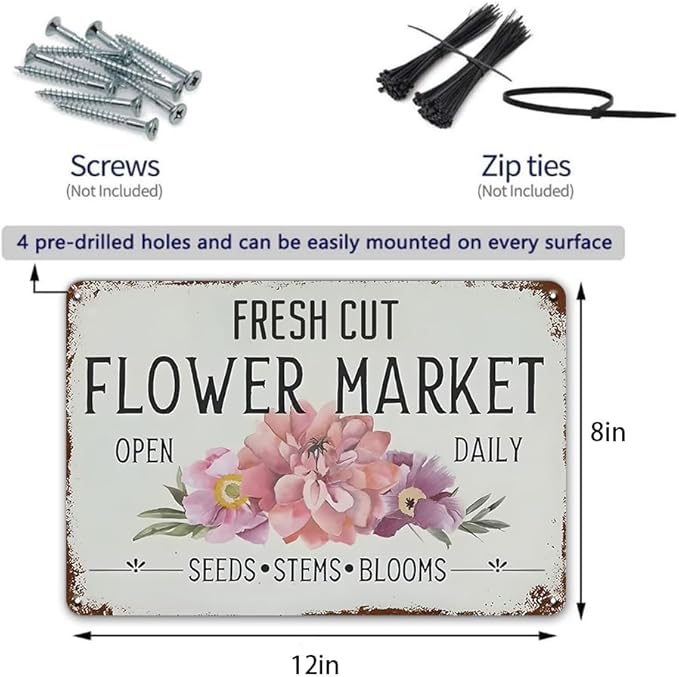 YOYI ART Fresh Cut Flowers Sign - Vintage Farmers Market Decor, Flower Shop Metal Tin Sign for Garden, Home, Cave Garage Bar Art Plaque Wall Decoration, 12 x 8 inch