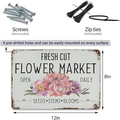 YOYI ART Fresh Cut Flowers Sign - Vintage Farmers Market Decor, Flower Shop Metal Tin Sign for Garden, Home, Cave Garage Bar Art Plaque Wall Decoration, 12 x 8 inch