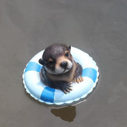 Cute Floating Otter Garden Water Feature Decoration, Resin Sculpture, Equipped with a Life Ring, Outdoor Swimming Pool Decoration, in red and White Color Scheme