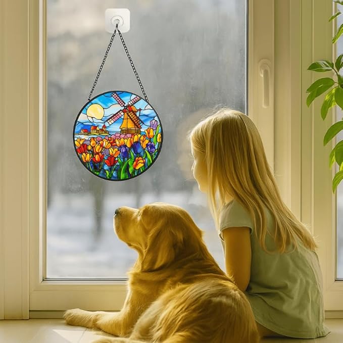 Stained Glass Window Hanging - 11.8in Dutch Windmill and Tulip Flower Sun Catchers Indoor Stained Glass Panels Wall Decor for Mom，Wife，Lovers，Festive
