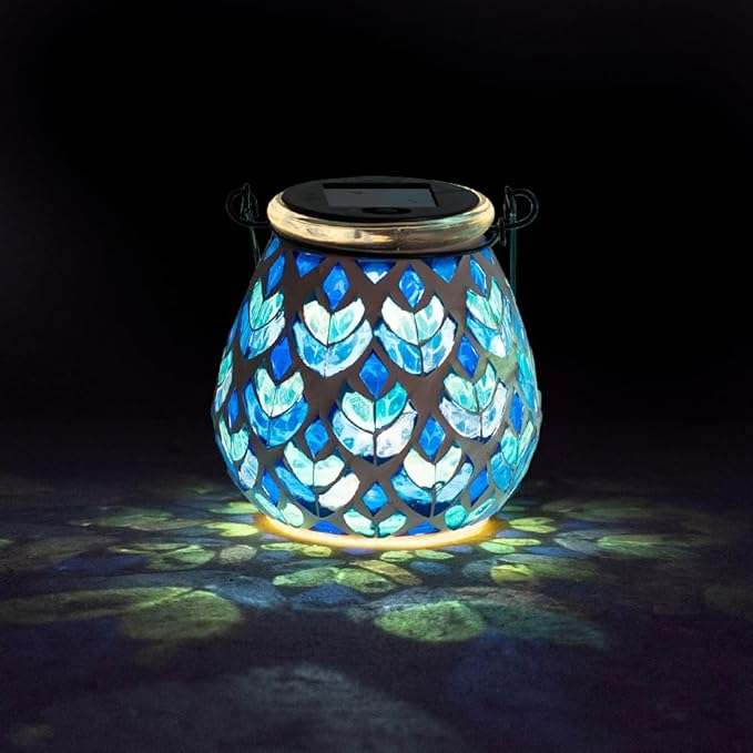 Stargarden Mosaic Solar Lanterns, Table Lamp for Garden ,Patio,Yard Decor Blue Glass Hanging Lantern Waterproof Outdoor Hanging Solar Lights