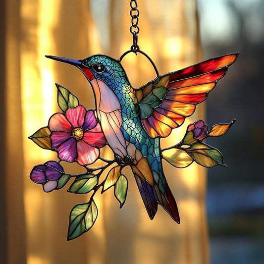 Flowers and Hummingbird Acrylic Suncatcher Stained Glass Effect Window Car Hanging Christmas Ornament Indoor Outdoor Decor Garden Sun Catcher Panel for Hummingbird Lover for Women Mom Grandma