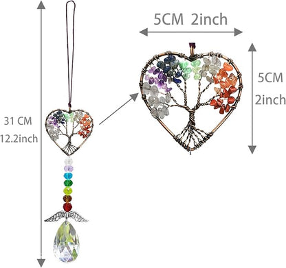 Healing Crystal Decor Tree of Life Car Hanging Accessories Suncatcher with Wings 7 Chakras Window Wall Hanging Decor Meditation Ornaments Home Decoration
